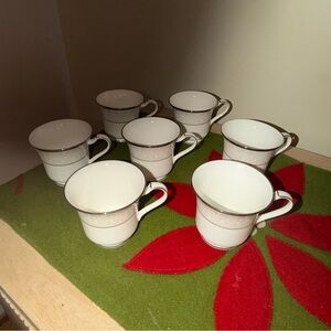 NWT Noritake Set of 7 Elegant Silver Palace Trimmed Tea Cups & Saucers
